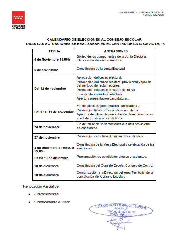 Calendario Elecciones al Consejo Escolar