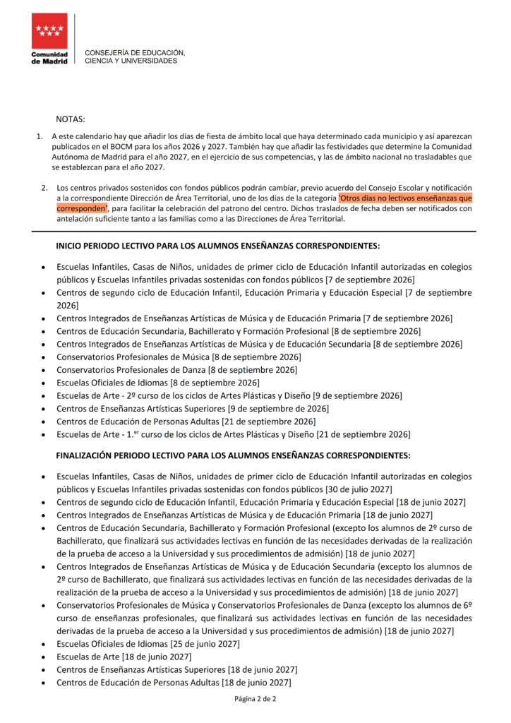 Calendario Escolar 2026-2027